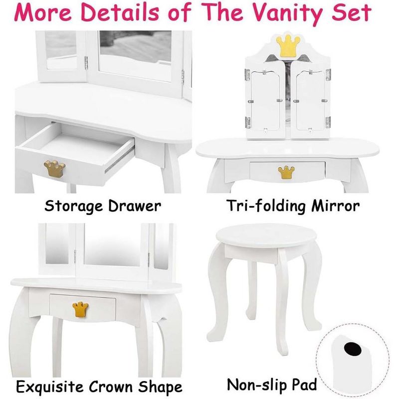 Trinity 2-in-1Princess Vanity Set--Princess Makeup Table with Mirror,Stool,Tri-Folding Mirror & Drawer (White), 2 of 5
