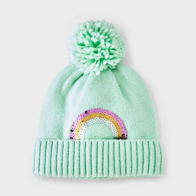 Image of Girls' Cuff Beanie with Rainbow Sequins Embroidery Hat - Cat & Jack™ Mint Green