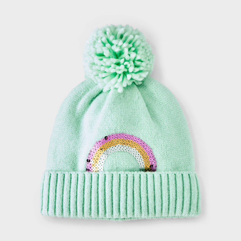 Girls' Cuff Beanie with Rainbow Sequins Embroidery Hat - Cat & Jack™ Mint Green