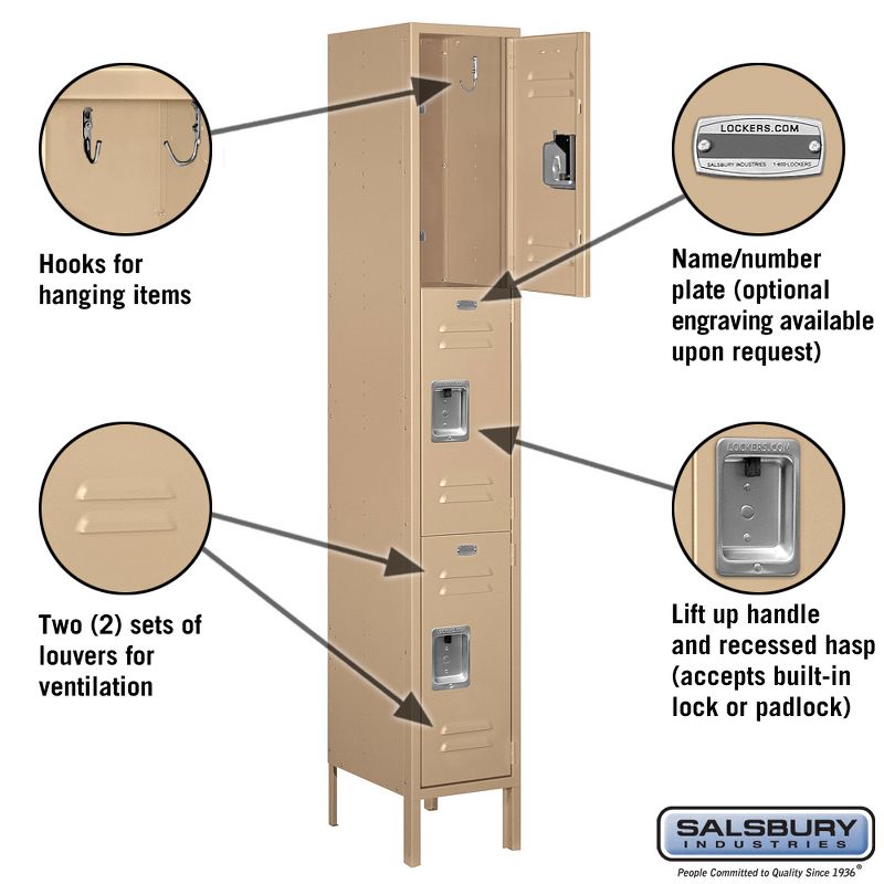 Salsbury Industries Assembled 3-Tier Standard Metal Locker with One Wide Storage Unit, 6-Feet High by 15-Inch Deep, Tan, 2 of 3