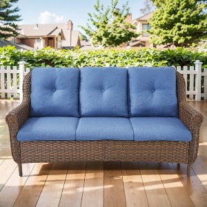 POCASSY 68" Wide Outdoor 3-Seater Sofa Patio Couch, All Weather Brown Wicker Patio Couch with Cushions for Porch Deck Backyard Pool - 1 of 4