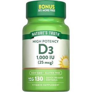 Nature's Truth Vitamin D3 1000 IU Softgels | High Potency Formula | 25 mcg | Non-GMO & Gluten Free Supplement - 1 of 4