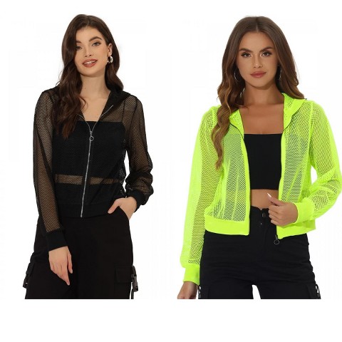 INSPIRE CHIC Women's Zip Up Long Sleeve Mesh Sheer Hoodie Bomber Jackets 2 Packs Neon Yellow/Black Small