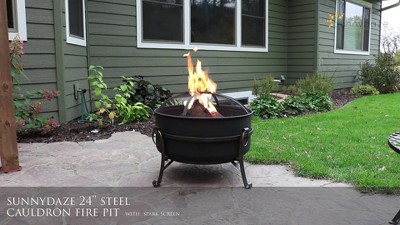 24-Inch Dark Bronze Steel Cauldron Fire Pit with Spark Screen
