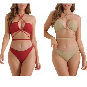INSPIRE CHIC Women's Halter Double Lace Up Tie Back Triangle Bottoms Swimwear Bathing Bikini Suits 2 Sets - 1 of 4