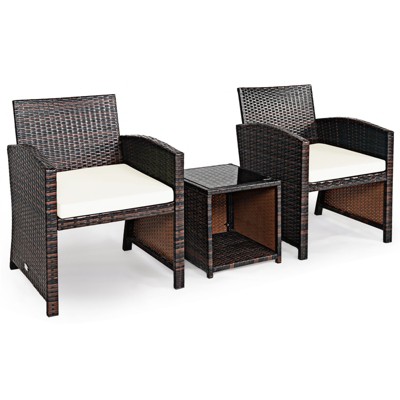 Tangkula 3 PCS Patio Rattan Furniture Set Conversation Chair Set with Soft Cushion & Coffee Table for Backyard Poolside Garden