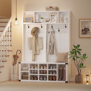 76" Hall Tree with Bench and Shoe Storage, Farmhouse Large 4-in-1 Entryway with Coat Rack & 6 Tri-Hooks, Adjustable Shelf, White Mudroom Bench, White - 1 of 4