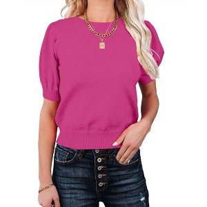 BLUEMING Sweater Tops for Women Short Sleeve Crew Neck Summer Knit Shirt Ribbed Knit Cuff Tops - 1 of 4