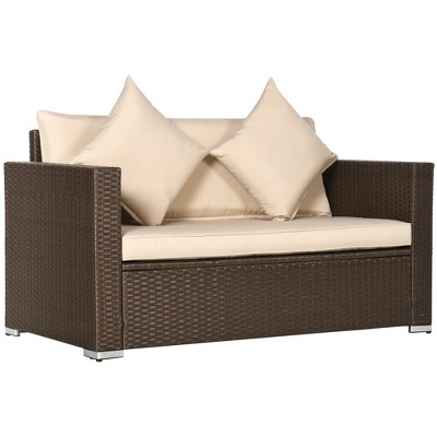 Beige Wicker Outdoor Loveseat with Cushions and Throw Pillows
