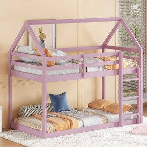 NicBex Twin over Twin Bunk Bed Low Height Wooden Bed Frame House Shape Design with Ladder and Full Length Guardrail, No Box Spring Required - 1 of 4