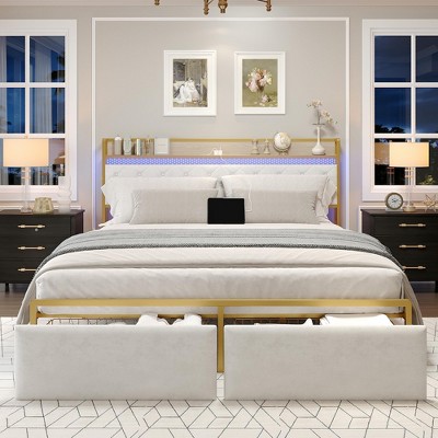King Size Bed Frame with Storage Headboard and 2 Drawers, Platform Metal King Bed Frame with LED Lights and Charging Station