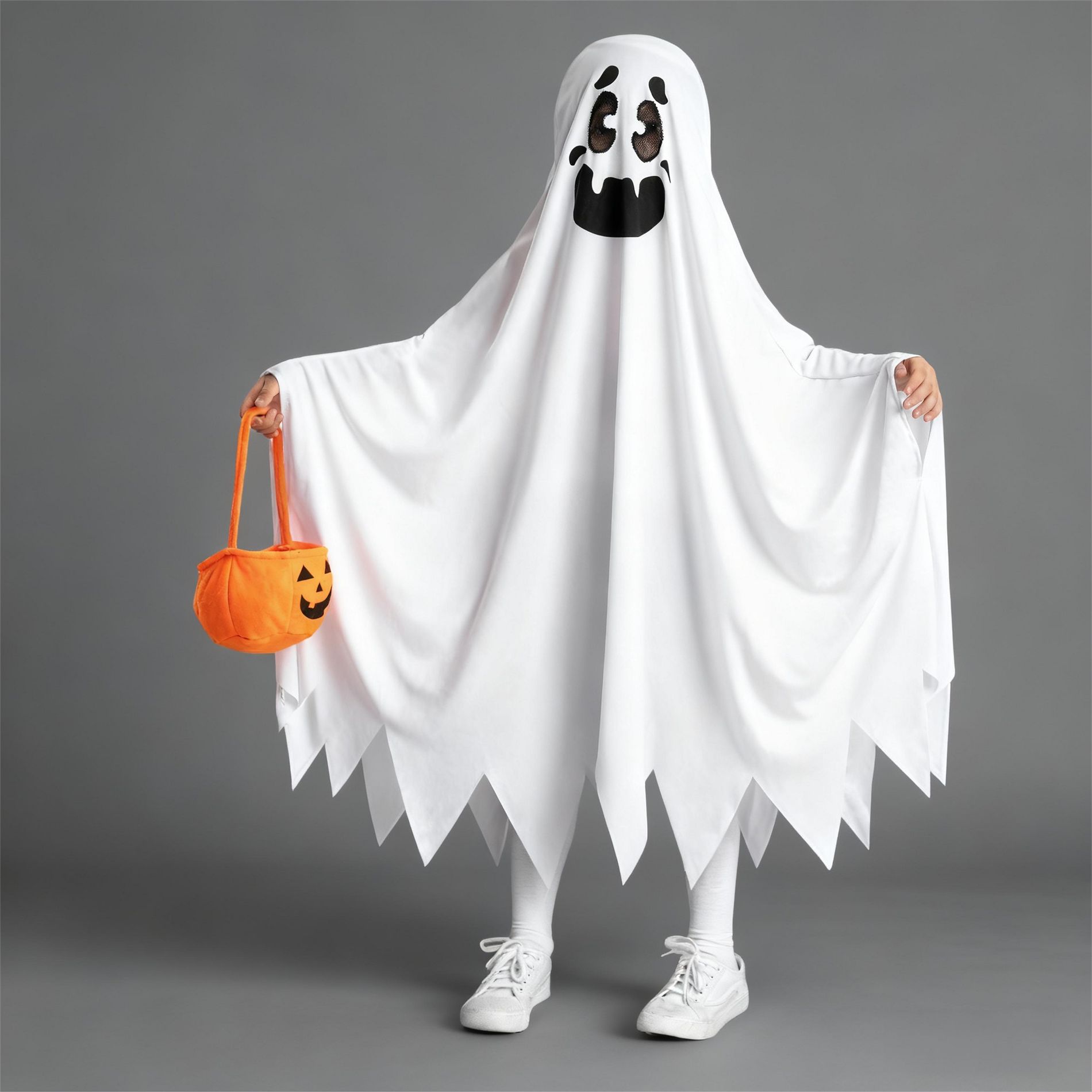 Joyfy Halloween Ghost Costume for Kids White Ghost with Pumpkin Bag for Kids' Halloween Dress Up Party for Girls' Boys' Cosplay