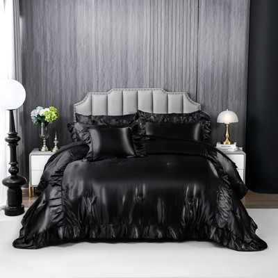 Satin Ruffle Comforter Set with Sheets – 8-Piece Bed in a Bag, Luxury Silk-Like Soft Bedding with Pillowcases & Cushion Cover