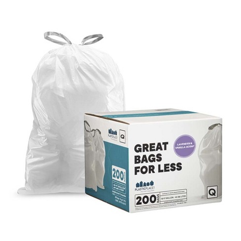 Plasticplace White Drawstring Lavender and Soft Vanilla Scented Garbage Can Liners Code Q Compatible (200 Count) 13-17 Gallon 25.25 x