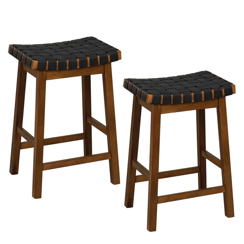 Costway Woven Saddle Stools Set of 2 Faux PU Leather Counter Height Kitchen Stool, 1 of 9