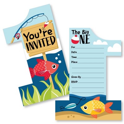 Big Dot of Happiness 1st Birthday Reeling in the Big One - Shaped Fill-In Invites - First Birthday Party Invitation Cards with Envelopes - Set of 12