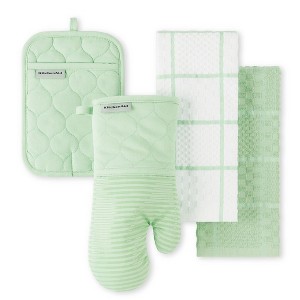 KITCHENAID Quilted Cotton Terry Cloth Oven Mitt, Pot Holder, Kitchen Towel 4-Pack Set, Silicone Grip, Pistachio, 16"x26", 7"x13" & 7"x10" - 1 of 4