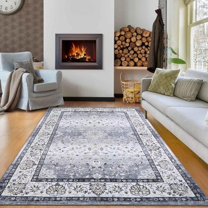 Washable Vintage Distressed Floral Medallion, Non-Slip, Low Pile Soft, Stain Resistant Carpet - 1 of 4