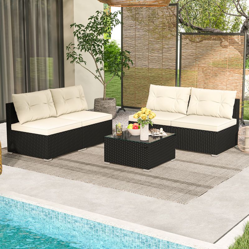 Tangkula 5 Pieces Outdoor Patio Furniture Set Sectional PE Rattan Sofa Set with Cushions and Tempered Glass Coffee Table, 2 of 10