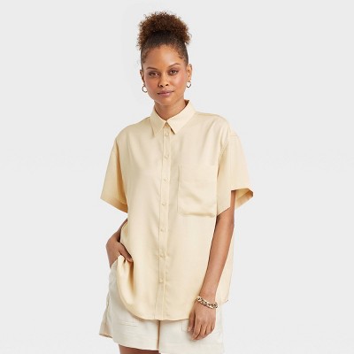 Women's Short Sleeve Satin Button-Down Shirt - A New Day™
