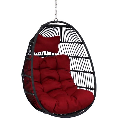 Sunnydaze Outdoor Resin Wicker Patio Julia Hanging Basket Egg Chair Swing with Cushions and Headrest - Red - 2pc