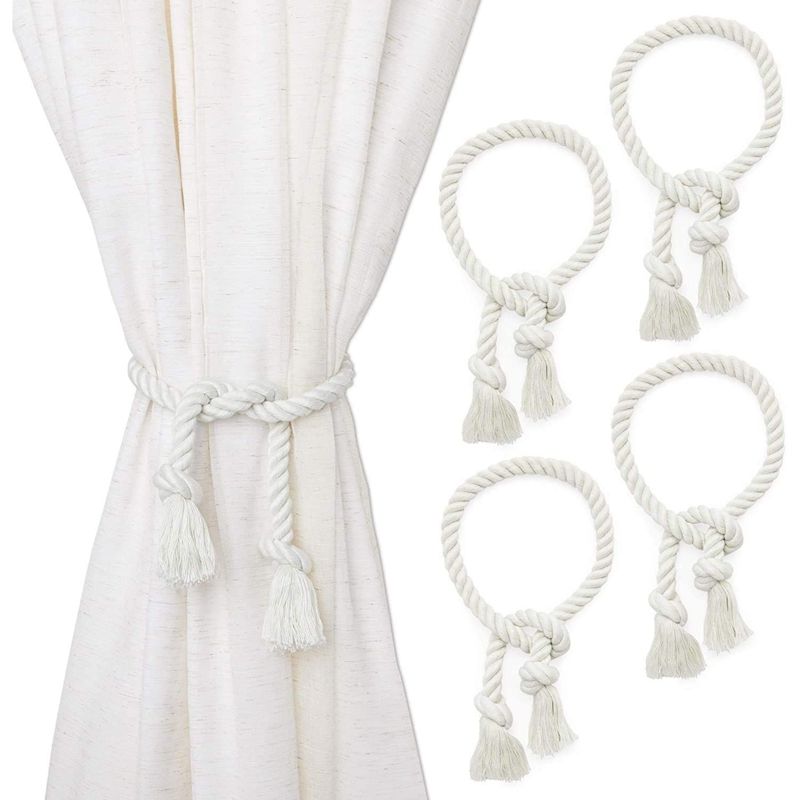 4-Pack White Cotton Window Curtain Tiebacks Tie Back, 29" Holdbacks Rope for Drapes, 1 of 8