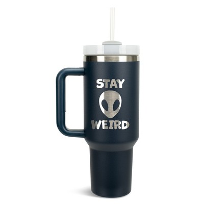 100 North Stay Weird Alien Wrap-Around 40 Oz. Stainless Steel Water Bottle Coffee Mug, Spill & Leak Resistant, Travel Tumbler with Handle, Lid &