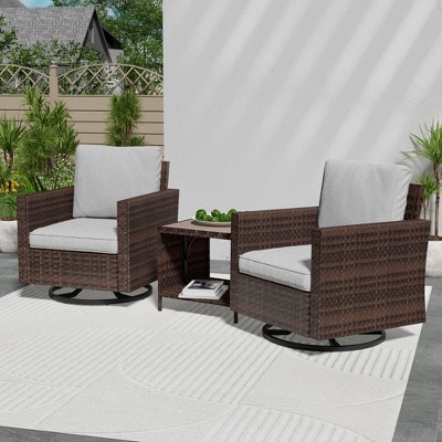 Sonkuki 3-Piece Patio Chair Set Brown Rattan Swivel Rocking Chair Set Coffee Table Suiting Backyard
