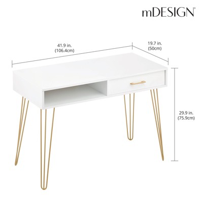 White and Gold Hairpin Leg Desk with Drawer