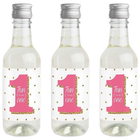 First Birthday Party Favor Gift Set of 24 Mini Wine and Champagne Bottle Label Stickers 1st Birthday Girl Fun to be One 