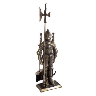 Medieval Knight Antique Brass Cast Iron 3-Piece Fireplace Tool Set