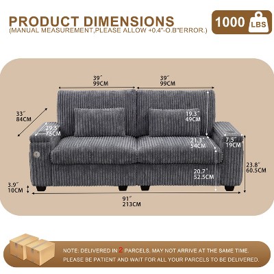Product dimensions diagram of a gray corduroy sofa showing measurements