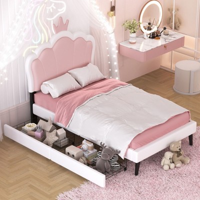 NicBex Twin Size Princess Upholstered Bed Frame with Crown-Shaped Headboard for Girls,Solid Wood Slats Support,Easy Assembly,White+Pink/Pink+White