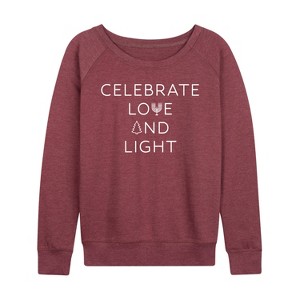 Women's - Instant Message - Celebrate Love And Light Lightweight French Terry Wide Neck Long Sleeve Graphic Shirt - 1 of 4