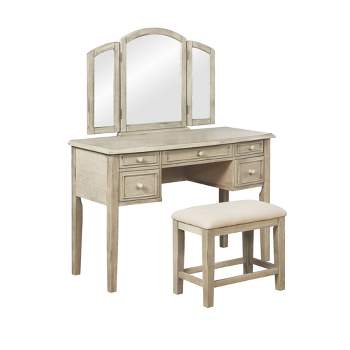 Sophie Traditional Wood Tri-fold Mirror 5 Drawer Vanity and Stool Washed White Wash - Powell