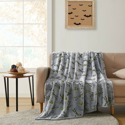 Kate Aurora Halloween Spooky Glow In The Dark Dancing Skeletons Soft & Plush Oversized Throw Blanket - Gray
