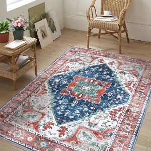 Washable Floral Area Rug for Living Room Bedroom Dining Room Home Office Floor Decor, Stain & Fade Resistant Non Slip Backing Floor Carpet, Red - 1 of 4