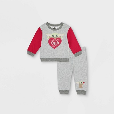 Image of Baby Boys' Star Wars Baby Yoda Valentine's Day Top and Bottom Set - Heather Gray 0-3M