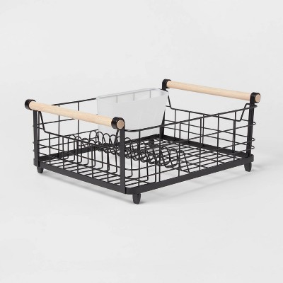 Metal Dish Rack with Powder Coated Finish and Rubber Wood Handles Black - Brightroom™