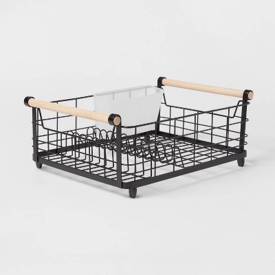 Metal Dish Rack With Powder Coated Finish And Rubber Wood Handles Black ...