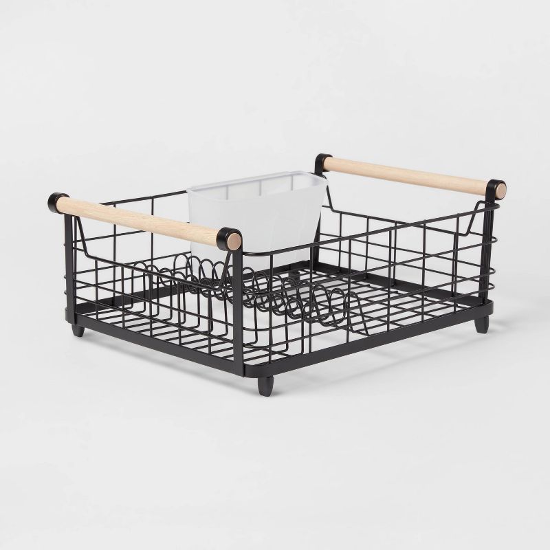Metal Dish Rack with Powder Coated Finish and Rubber Wood Handles Black - Brightroom&#8482;, 1 of 5