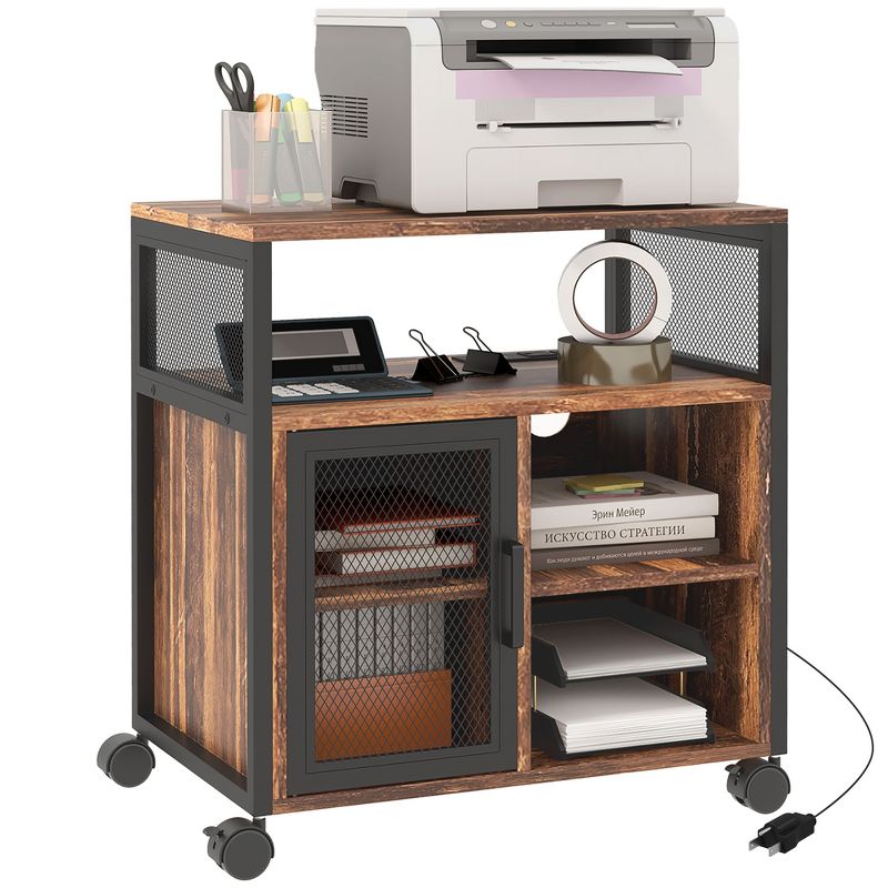 Vinsetto Printer Table with Socket and USB Charging Ports, Mobile Printer Stand with Storage Cabinet, Wheels, Adjustable Shelf, Rustic Brown, 1 of 7