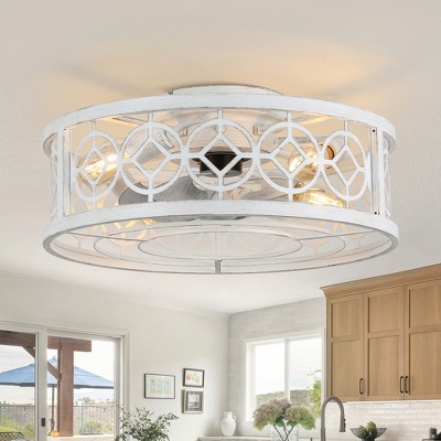 Bella Depot 20" Distressed White Metal Caged Ceiling Fan with Light and Remote, 3-Speed Industrial Reversible Flush Mount Fan