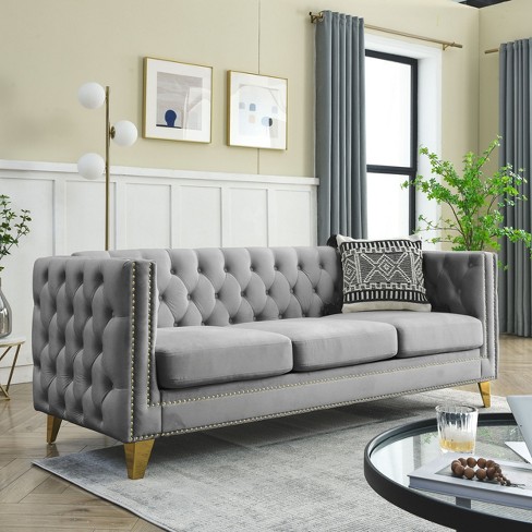 Living Room Modern Velvet Sofa With Button Tufted Square Arms And Metal Legs Gray Modernluxe Target