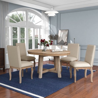 NicBex Round Dining Room Table Set for 4 Rustic Extendable Kitchen Table with MDF Tabletop and 4 Upholstered Chairs for Dining Room
