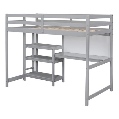 Gray loft bed frame with built-in steps and ladder as a desk