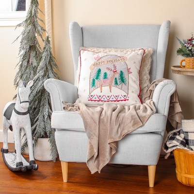 Embroidered White and Red Christmas Reindeer Throw Pillow