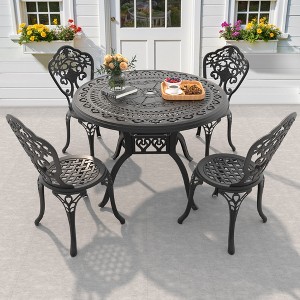 5-Piece Patio Set: Round Table & 4 Chairs - Cast Aluminum, All-Weather/Umbrella Hole & Adjustable Legs for Balcony/Backyard - 1 of 4