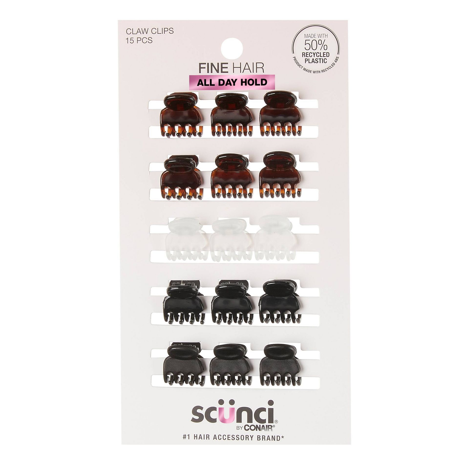 scünci No-Slip Grip Recycled Mini Claw Clips - Mixed Finish - Black/Brown/Clear - Fine Hair - 15pcs