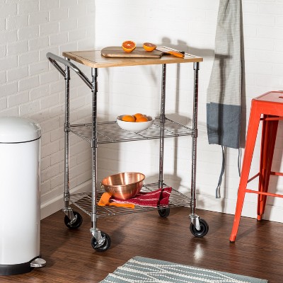 Chrome and Wood Rolling Kitchen Cart with Cutting Board